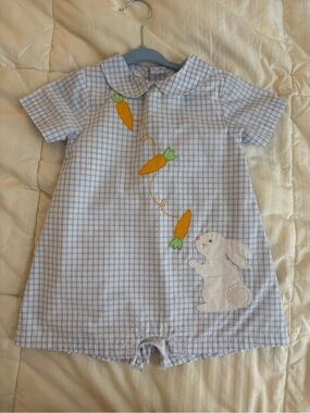 12M Blue Gingham Bunny & Carrot Appliqué Romper